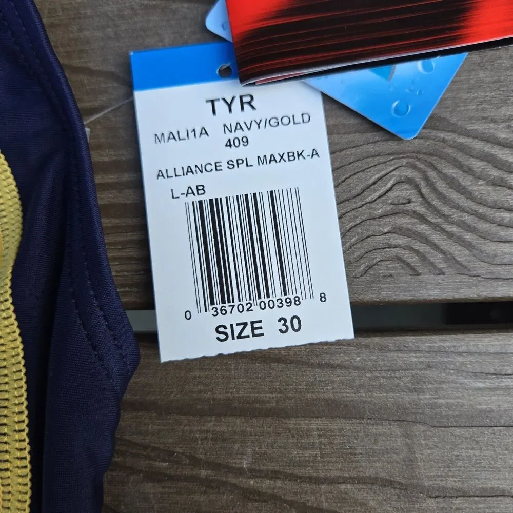 TYR Durafast Women Alliance Splice Maxfit 1 pc Swimsuit Navy/gold Sz 30  NEW